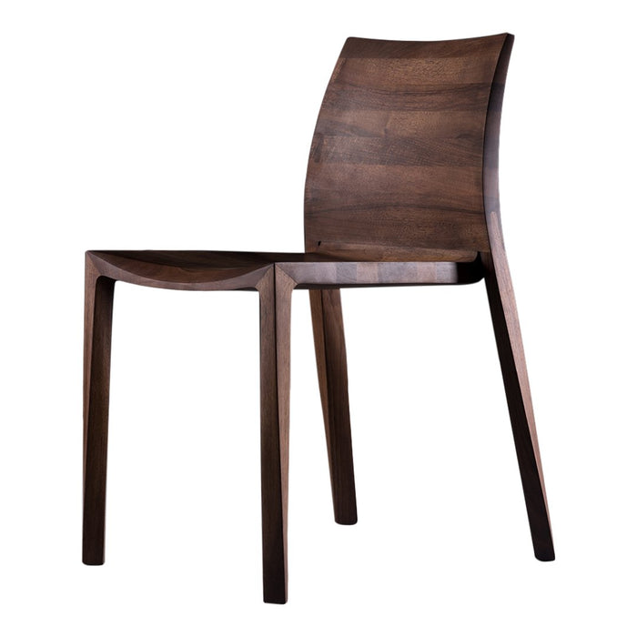 Dark wood chair with a sleek, minimalist design and smooth, curved lines. Rich walnut finish highlights natural grain patterns.