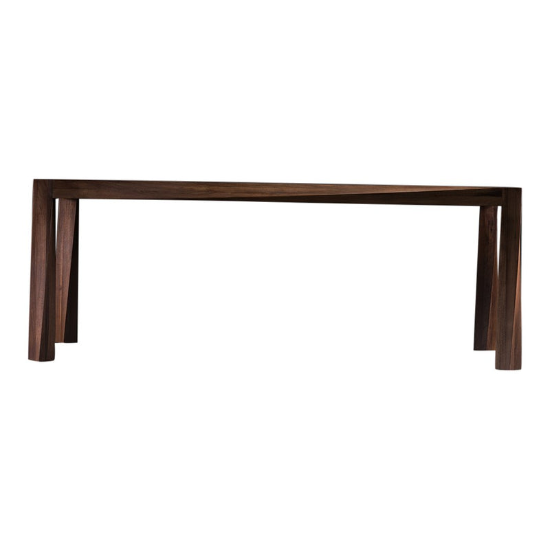 Dark brown wooden table with a sleek, minimal design and smooth, polished surface. Modern and stylish.