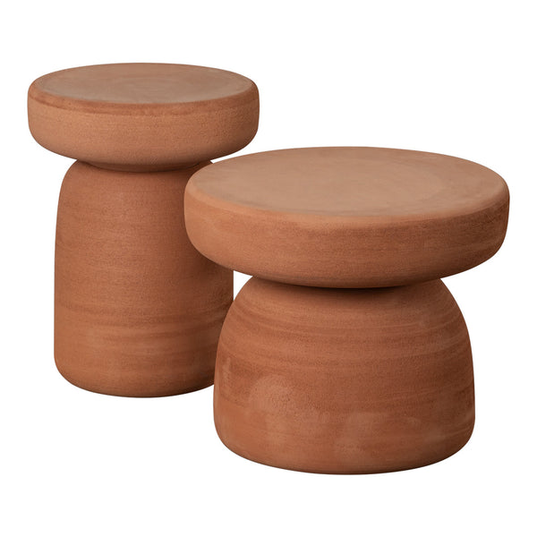 Terra cotta side tables with smooth, rounded shapes and a matte finish, perfect for adding warmth to any space.