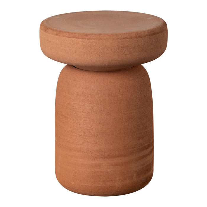 Terra cotta side table with a smooth, rounded design and natural clay finish, perfect for warm-toned decor.