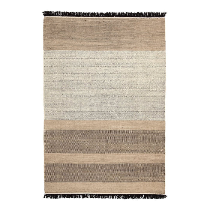 Neutral-toned area rug featuring soft beige, cream, and brown horizontal stripes with fringe detailing.