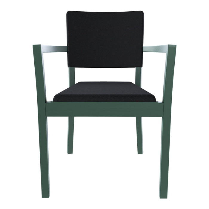 Modern green chair with a sleek black cushion and minimalist design. Perfect for contemporary decor.