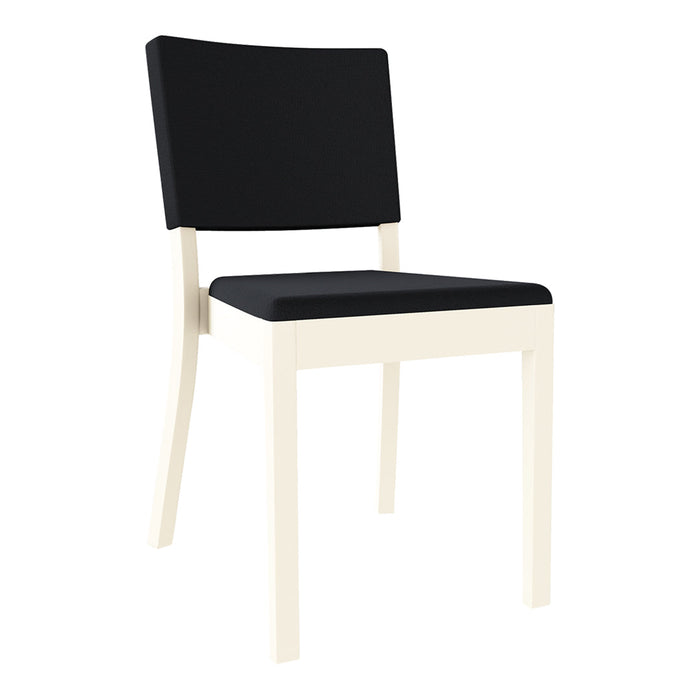 Black upholstered dining chair with a minimalist cream frame, featuring a sleek, modern design.