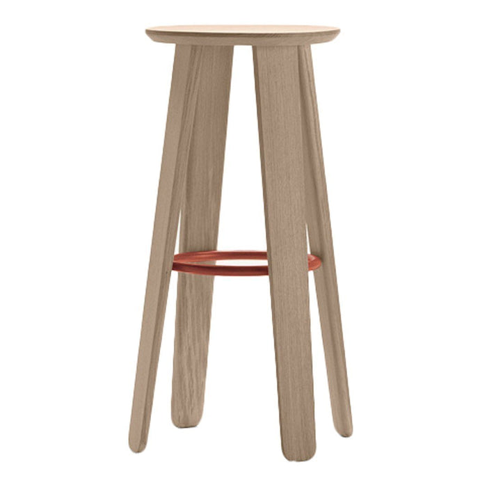 Light wood bar stool with a natural finish and a contrasting red footrest for a modern, stylish look.