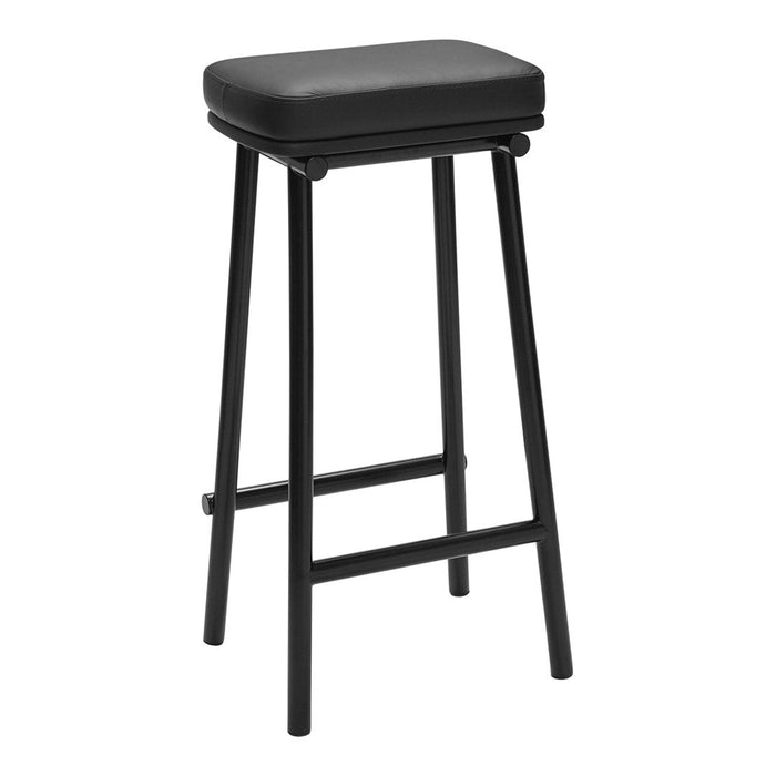 Black bar stool with a sleek, minimalist design and smooth upholstered seat. Perfect for modern decor.
