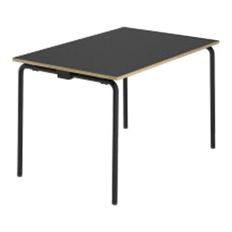 Black tabletop with a natural wood accent edge and sleek black metal legs. Minimalist design for modern interiors.