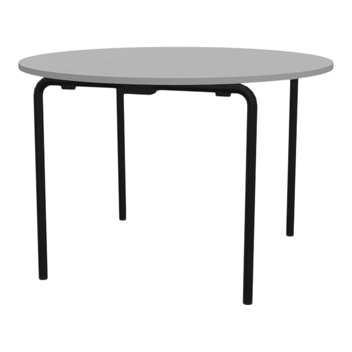 Round gray tabletop with sleek black metal legs, perfect for modern dining or workspace settings.
