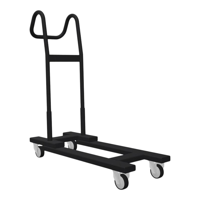 Black utility cart with a simple frame and four white wheels, featuring a minimalist design.