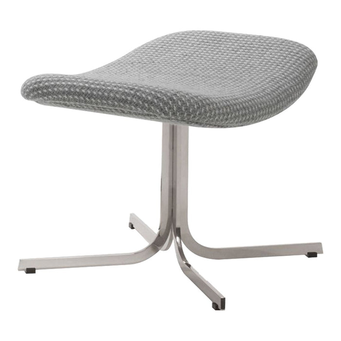 Gray woven ottoman with sleek chrome base, featuring smooth curves and a modern design. Ideal for stylish decor.
