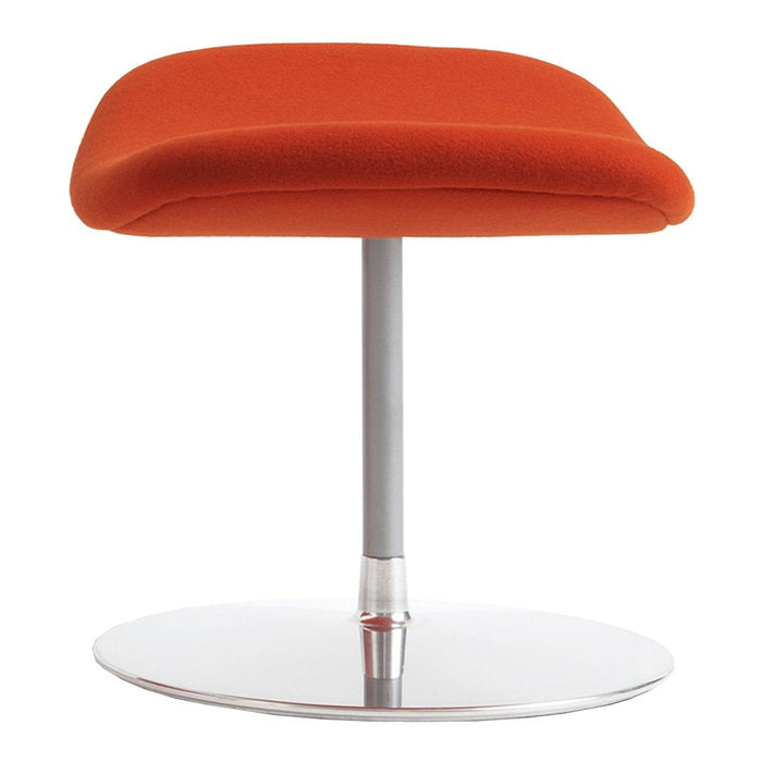 Orange upholstered stool with a sleek chrome base, featuring a smooth, minimalist design. Perfect for modern settings.