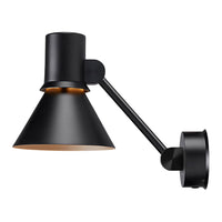 Sleek black metal wall lamp with a minimalist design and a warm gold interior. Perfect for modern decor.