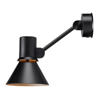 Black wall lamp with a conical shade and golden interior, featuring a sleek, minimalist design. Ideal for modern decor.