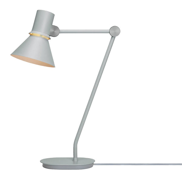 Gray desk lamp with a sleek modern design, featuring a conical shade and minimalist arm for stylish illumination.