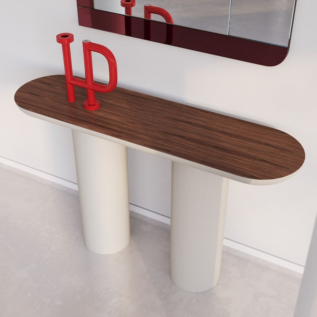 Modern console table with a rich wood grain top and smooth white cylindrical legs, featuring a chic minimalist design.