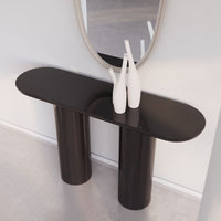Sleek black console table with smooth, glossy finish, featuring minimalist design and cylindrical legs.
