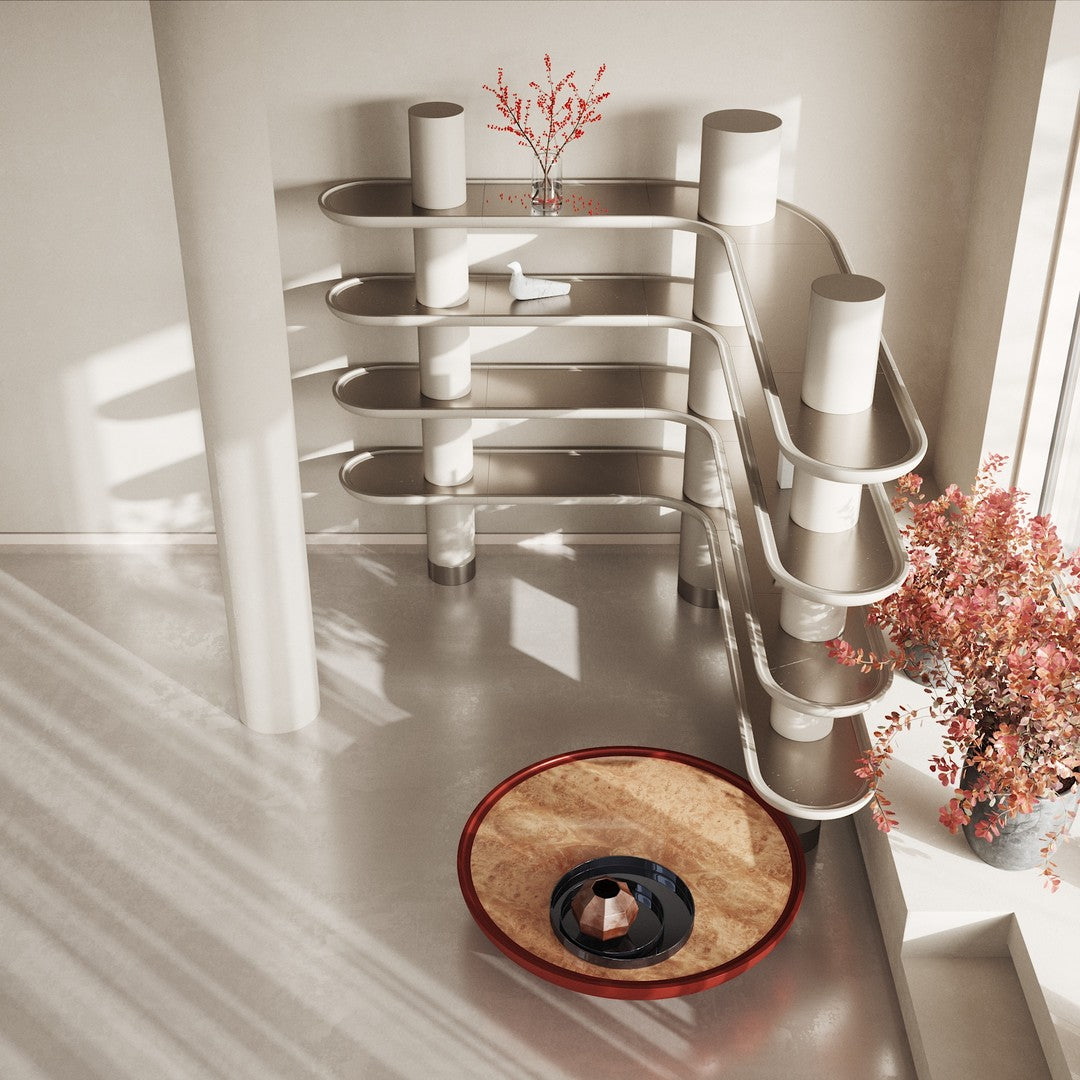 Modern design featuring white shelves, minimalist lines, and soft pastel tones with a round, woven basket.