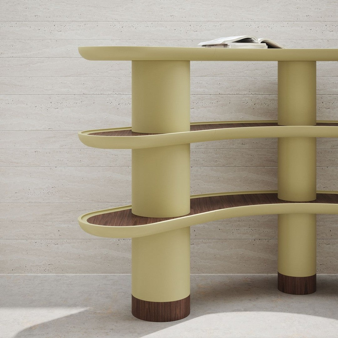 Curved yellow shelving unit with dark wood accents against a neutral background, featuring smooth lines and contemporary design.