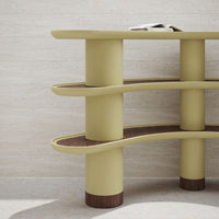 Curved yellow shelving unit with dark wood accents against a neutral background, featuring smooth lines and contemporary design.