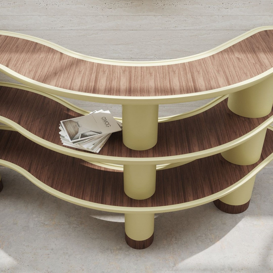 Curved shelf featuring pastel yellow and rich brown wood grain patterns, creating a modern, playful design.