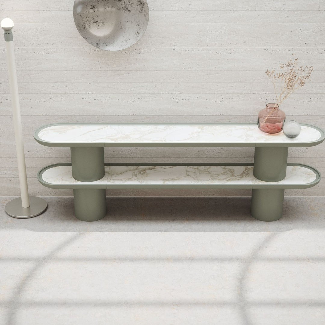 Modern green and white marble console table with sleek, rounded edges and elegant design against a neutral backdrop.