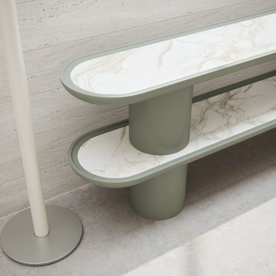 Green and white marble-patterned shelf with a modern design, featuring smooth curves and clean lines.