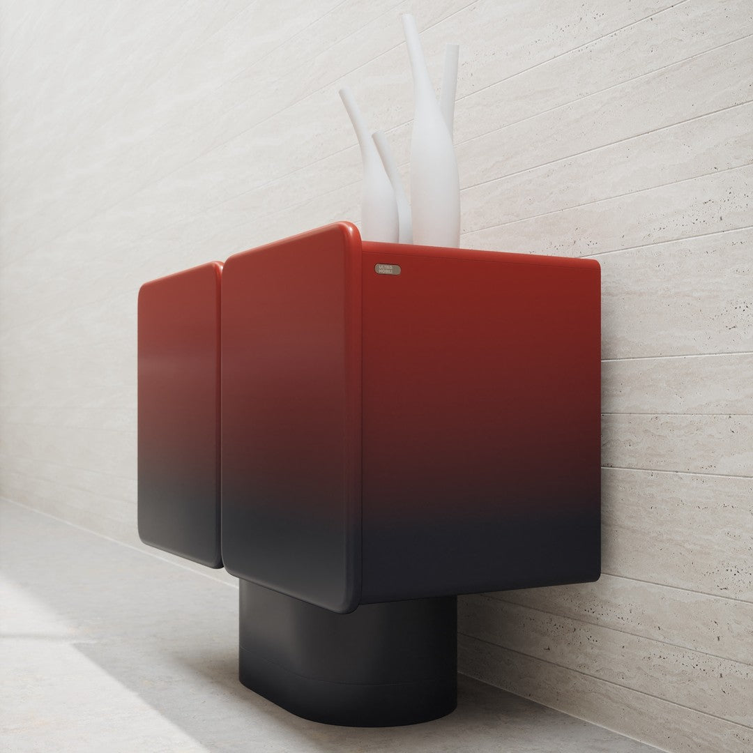 Red-to-black gradient cabinet with sleek design, featuring a modern, minimalist aesthetic. Perfect for contemporary spaces.
