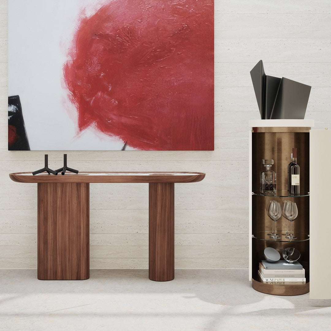 Stylish walnut console table and round beige cabinet featuring a bold red abstract artwork in the background.