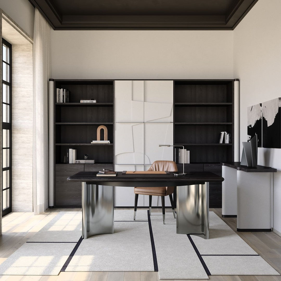Modern office featuring a sleek black and white color scheme with geometric patterns. Emphasizes minimalist design.