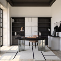 Modern office featuring a sleek black and white color scheme with geometric patterns. Emphasizes minimalist design.