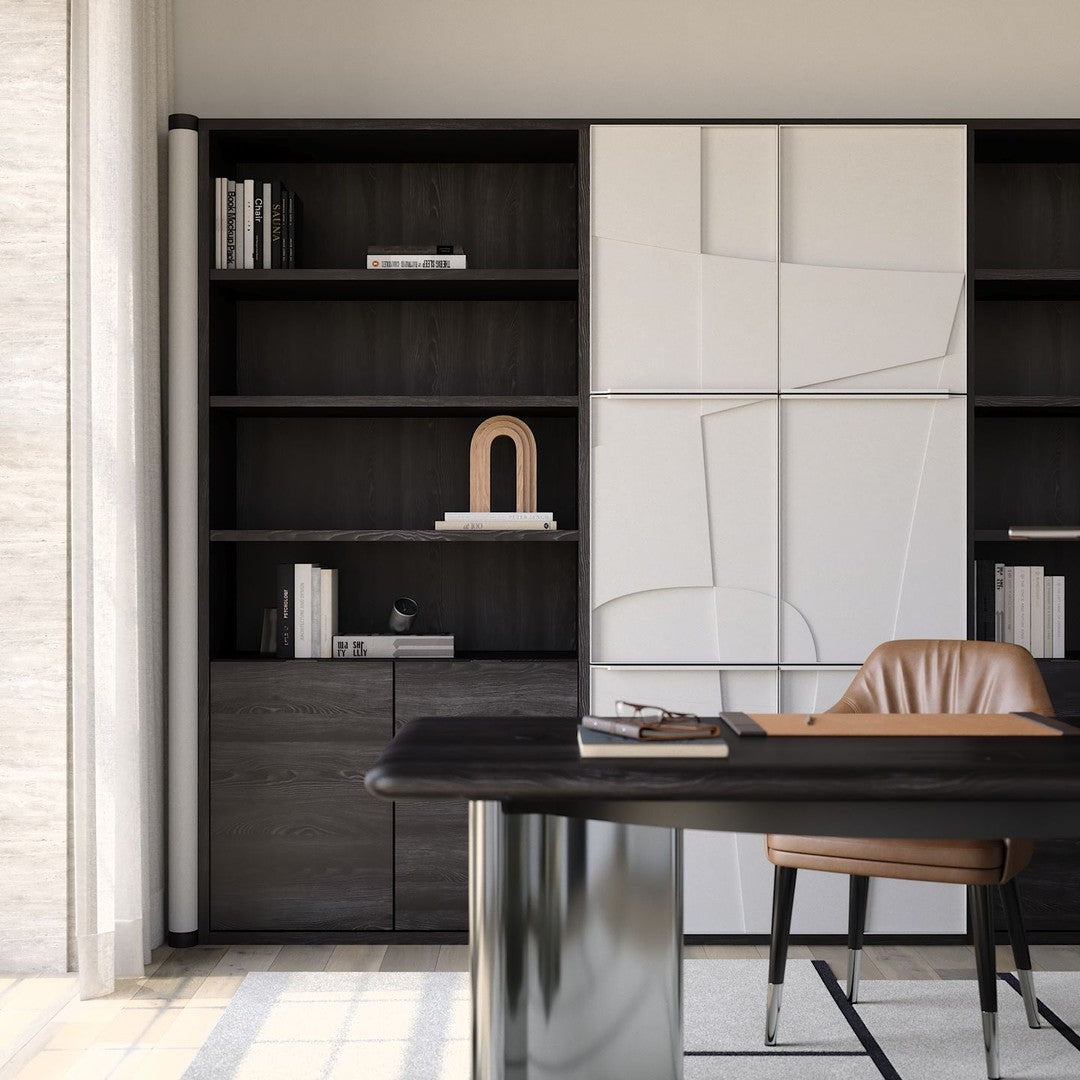 Modern office setup featuring dark wood shelves, a sleek black desk, and a textured white cabinet with minimalistic patterns.