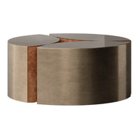 Modern coffee table with a sleek metallic bronze finish and warm wood accents, featuring a geometric, asymmetric design.