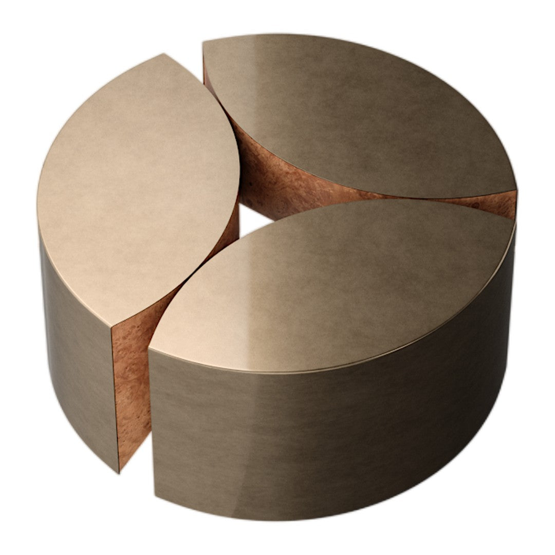 Modern decorative sculpture in muted bronze tones with a sleek, curved design and contrasting natural cork accents.