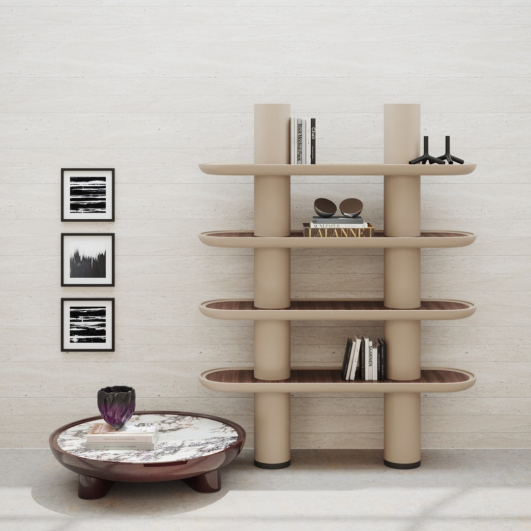 Modern beige bookshelf with smooth oval shelves and contrasting dark wood accents against a light background.