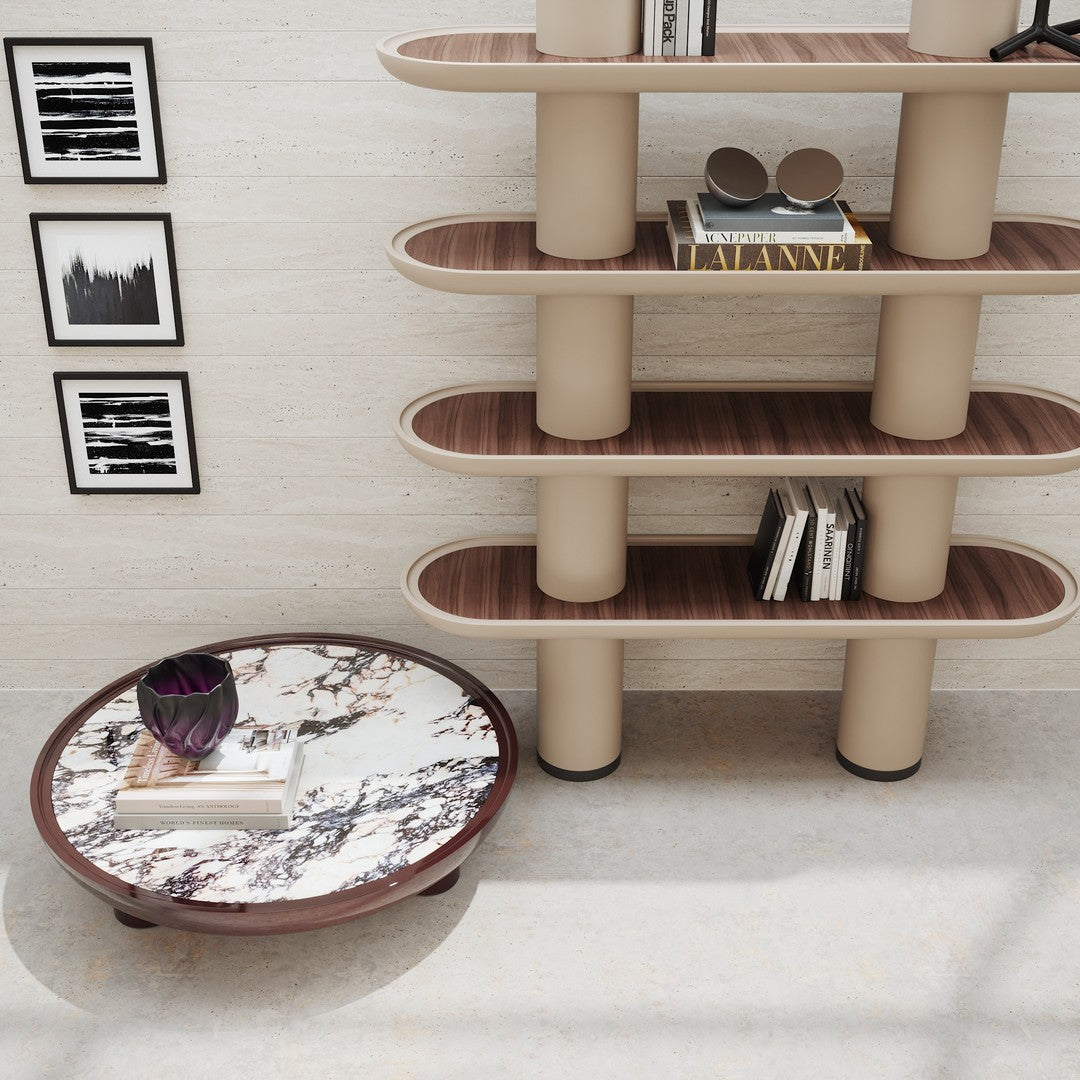 "Modern shelf with beige and walnut colors, featuring a round marble-patterned coffee table with deep purple accents."
