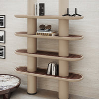 Modern beige and brown bookshelf with rounded shelves and cylindrical supports, featuring a minimalist design.