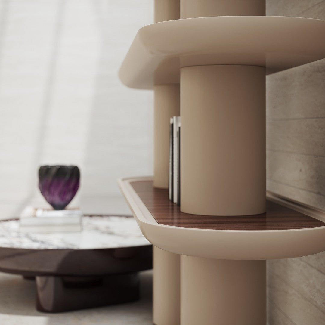 Minimalist beige shelving unit with curved edges and dark wooden accents, featuring a sleek design and soft light.