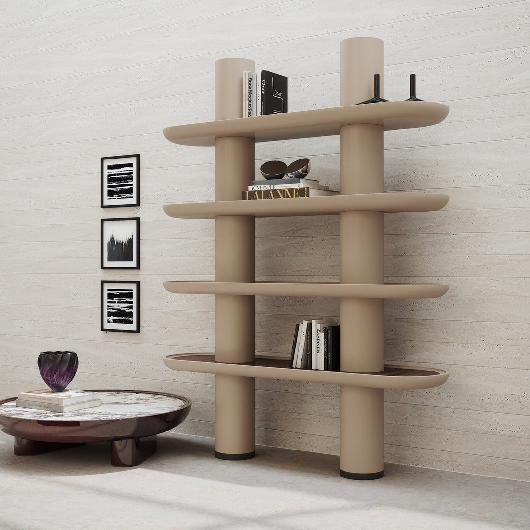 Beige bookshelf with rounded shelves and vertical supports against a light textured wall. Modern, minimalist design. 