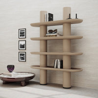 Beige bookshelf with rounded shelves and vertical supports against a light textured wall. Modern, minimalist design. 
