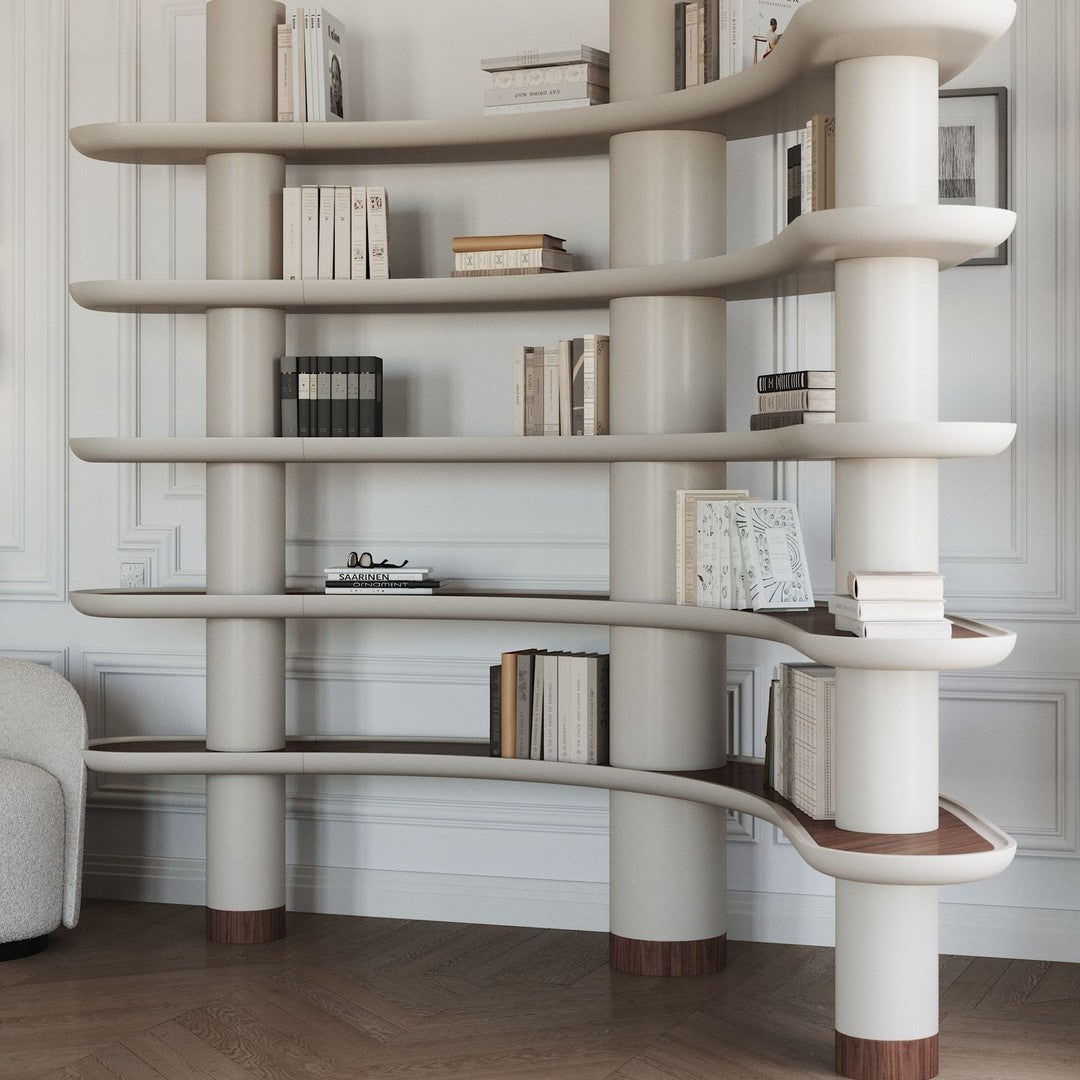 Curved beige shelving unit with brown accents and smooth, minimalistic design for modern interiors.