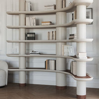 Curved beige shelving unit with brown accents and smooth, minimalistic design for modern interiors.