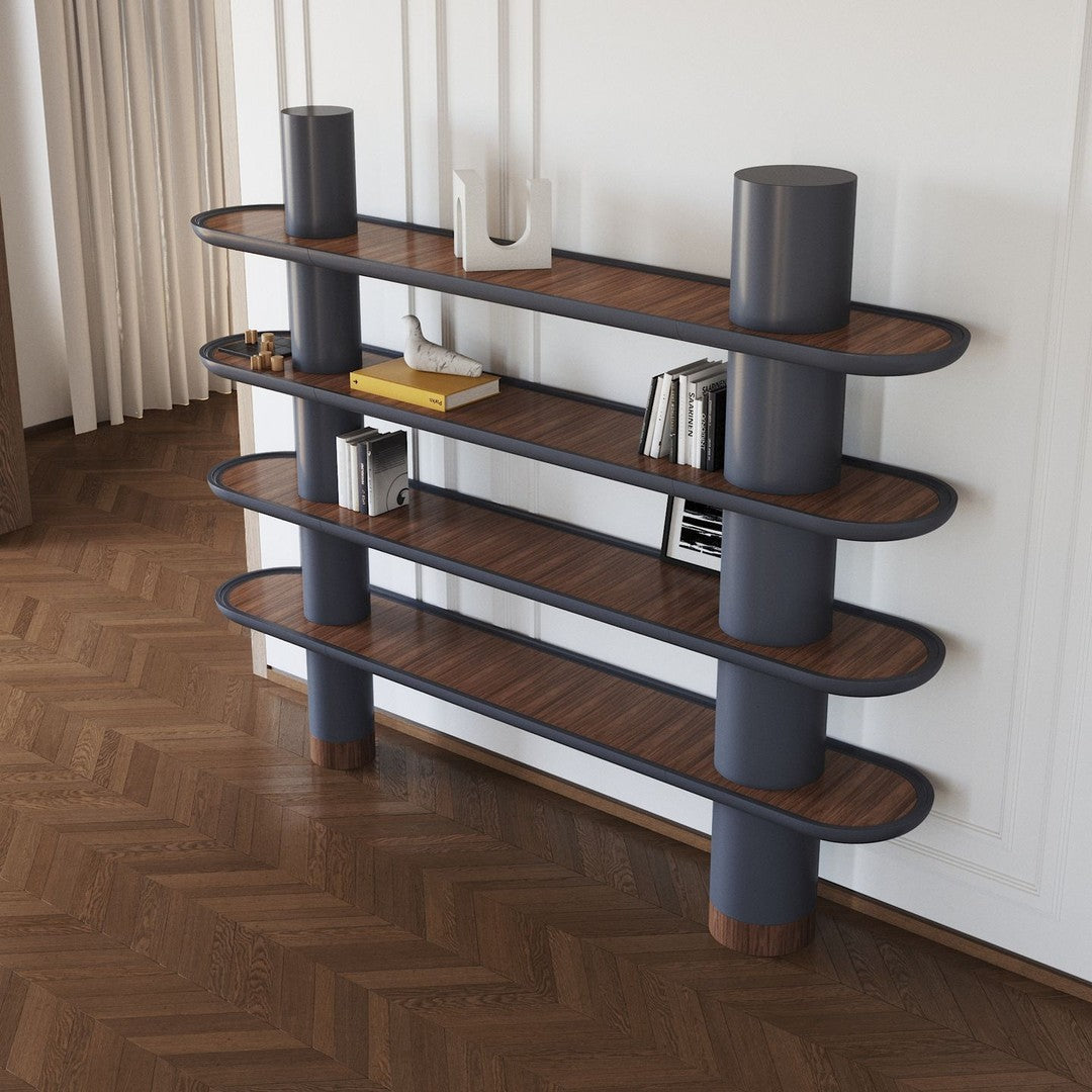 "Modern shelf with dark blue edges and warm wood tones, featuring smooth curved shelves for a stylish, minimalist look."