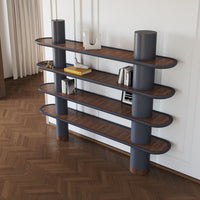 "Modern shelf with dark blue edges and warm wood tones, featuring smooth curved shelves for a stylish, minimalist look."