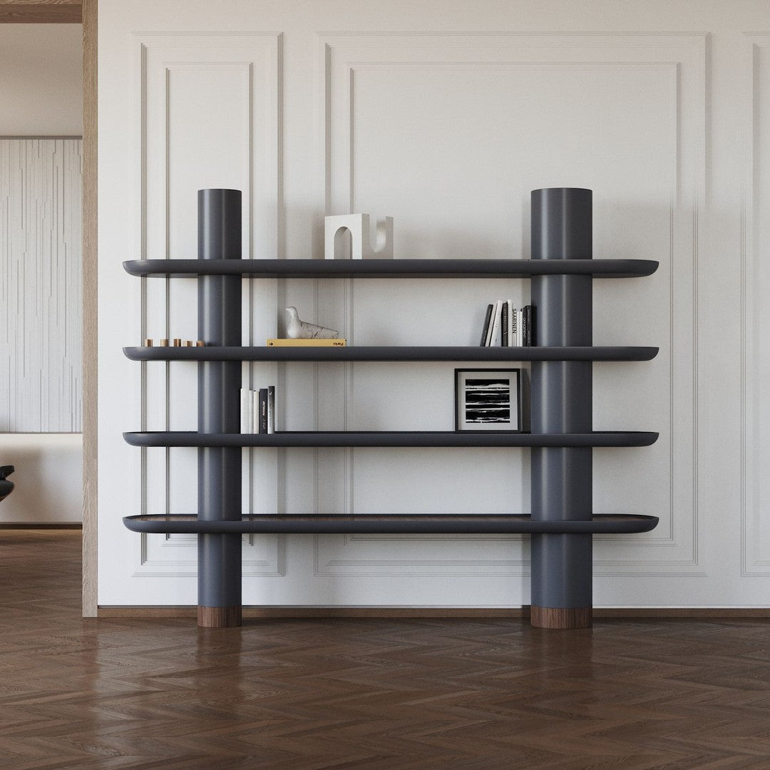 Modern dark gray shelving unit with smooth curves and contrasting light wood accents, set against a white wall.