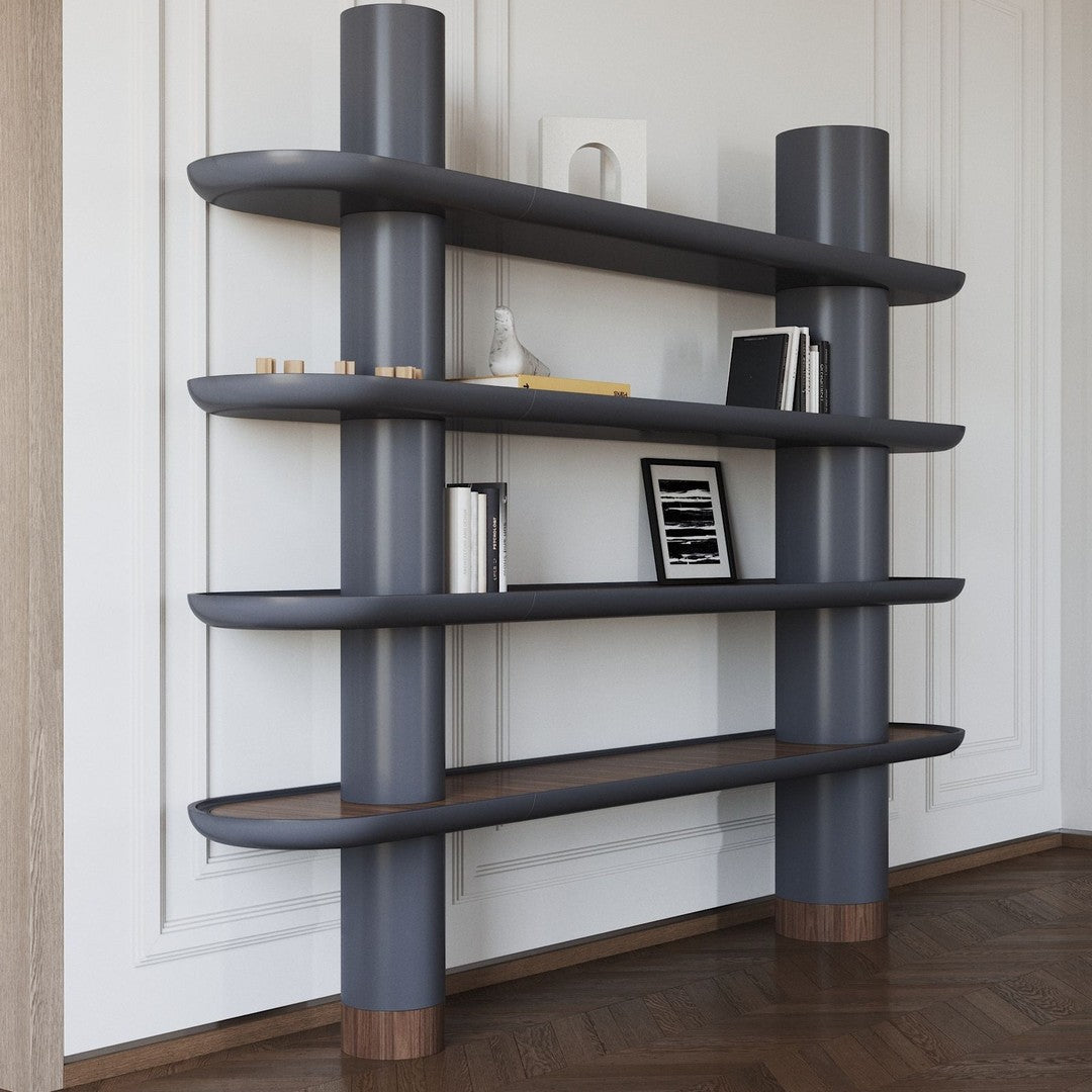 Gray modern bookshelf with smooth, rounded shelves and contrasting wooden accents, set against a light-colored wall.