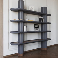 Gray modern bookshelf with smooth, rounded shelves and contrasting wooden accents, set against a light-colored wall.