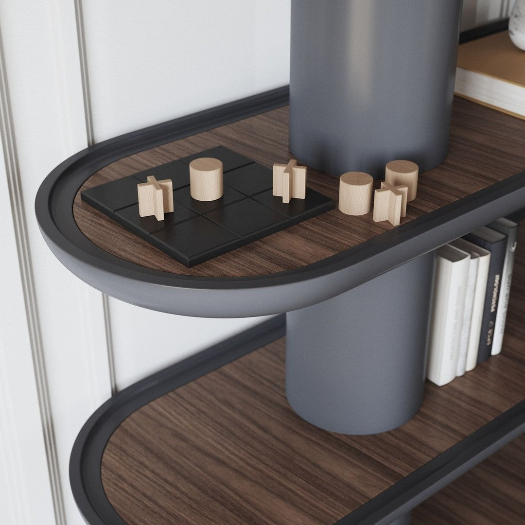 Modern shelving unit with sleek gray curves, rich wood patterns, and minimalist decorative pieces. Ideal for contemporary decor.