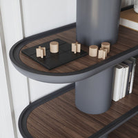 Modern shelving unit with sleek gray curves, rich wood patterns, and minimalist decorative pieces. Ideal for contemporary decor.