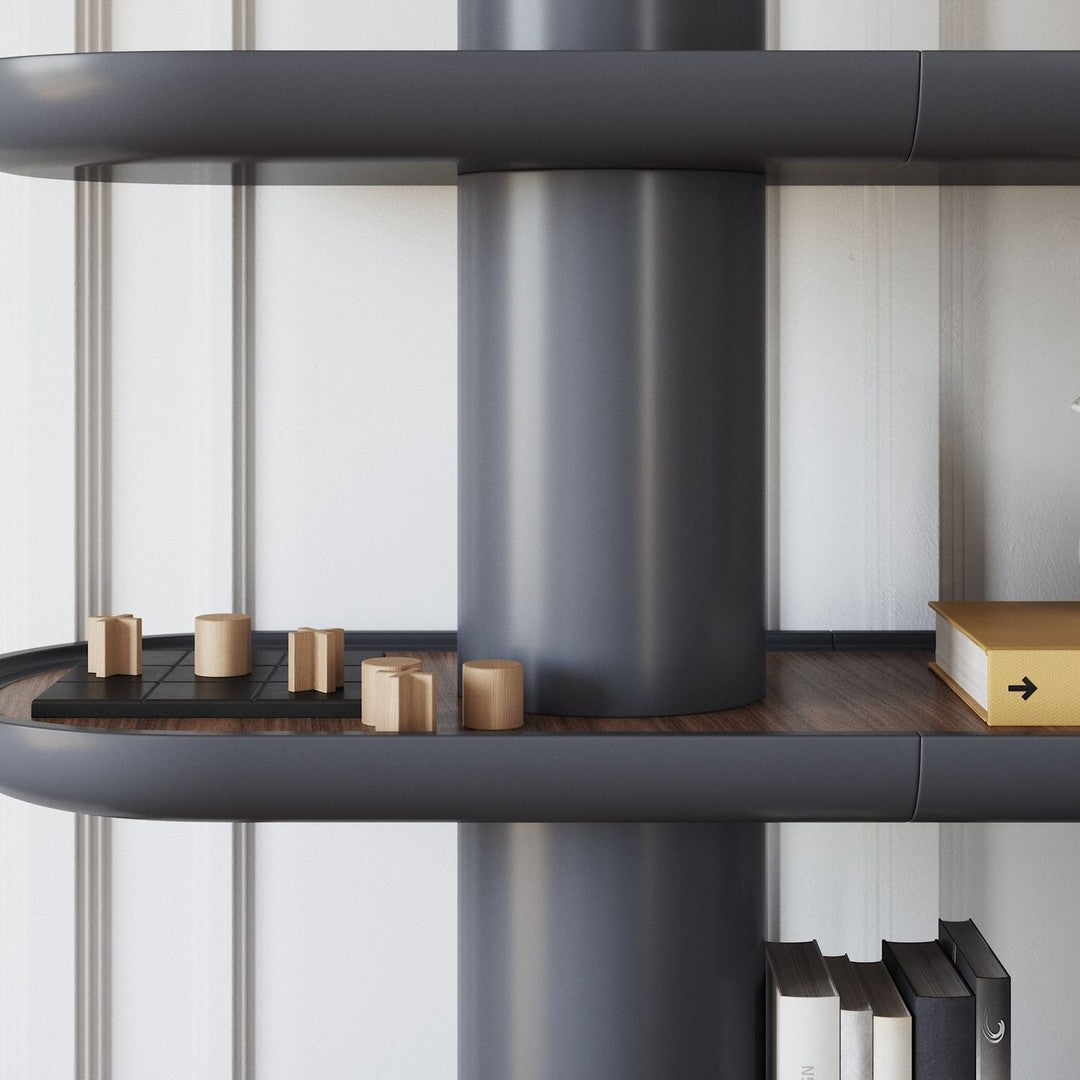 Elegant gray shelving unit with smooth finishes and contrasting wood accents, featuring minimalist geometric shapes.
