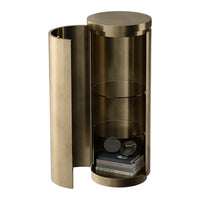 Gold metallic finish side table with sleek cylindrical shape and glass shelves, perfect for modern decor.