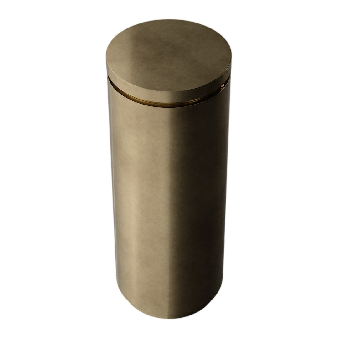 Sleek cylindrical trash can in matte bronze finish with a smooth, minimalist design.